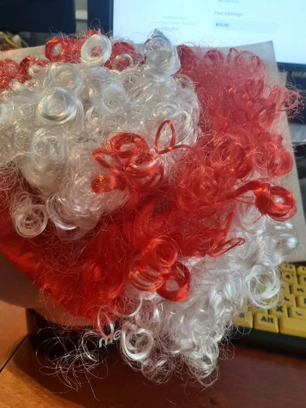 NEW ! Red & White Curly Costume Wig Attached Re Brim/Bonnet for Holiday Dress Up